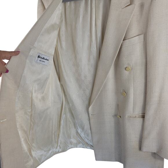 Steve Gordon Double Breasted 100% Pure Silk Cream Men's Suit Coat 46L - Picture 6 of 11
